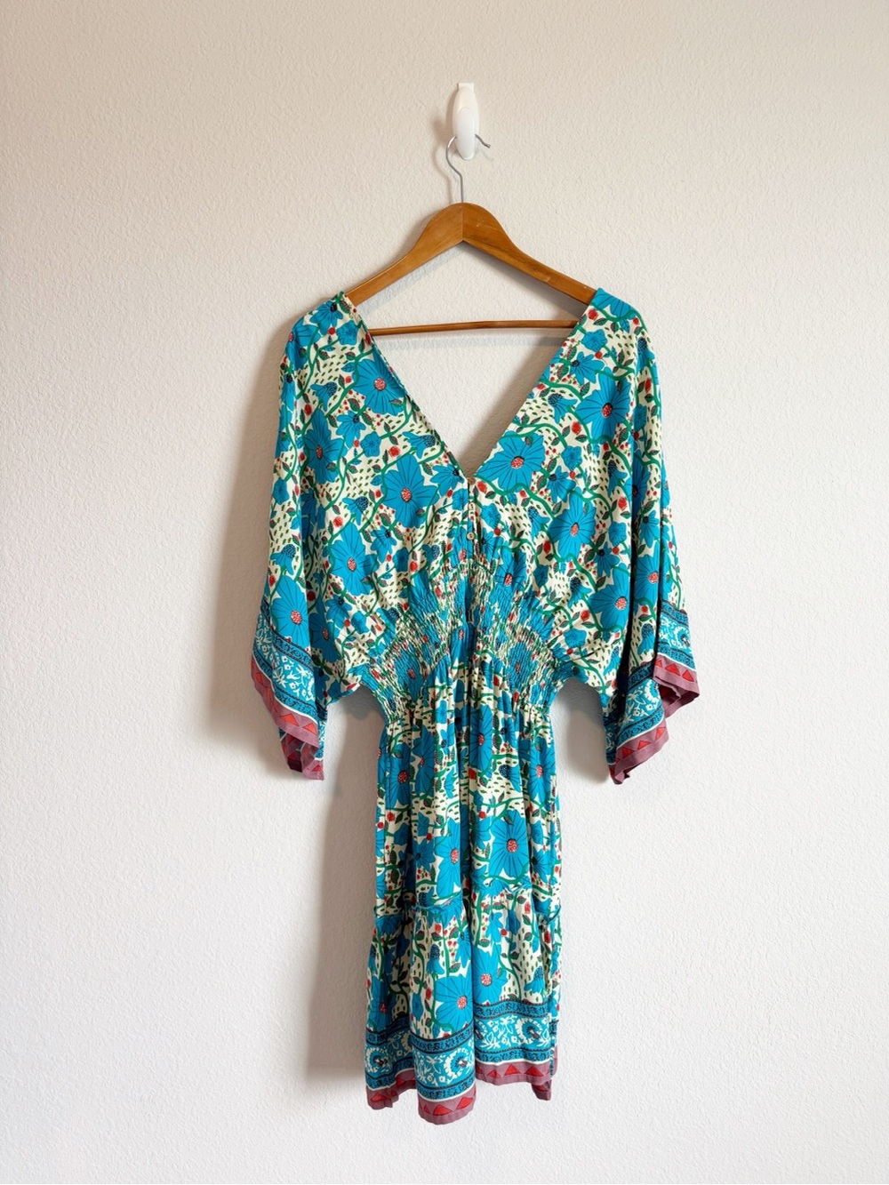Natural Life Celia Blue Floral Smocked V Neck Boho Mini Dress Size XL
